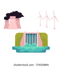 vector flat cartoon types of energy - hydroelectric dam power station, windmill nuclear reactor. Green ecological renewable, and dirty electricity supply. Isolated illustration on a white background.