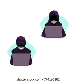 vector flat cartoon unidentified bandit hackers in black pullover, hat, mask and hood with laptop trying to hack private data, security sistem. Isolated illustration on a white background.
