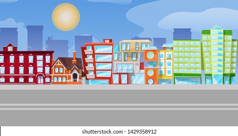 Vector flat cartoon urban panorama - cityscape with different city buildings - office center, private houses, cottages, highway with sun in the sky.