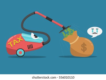 Vector flat cartoon vacuum cleaner sucking money out of the bag.It is represented by the tax payer.