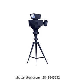 Vector flat cartoon video camera isolated on empty background-professional TV studio equipment,television production industry concept,web site banner ad design