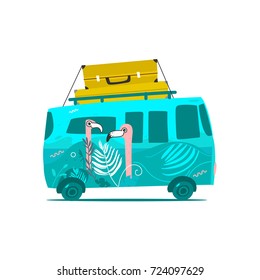 vector flat cartoon vintage hippie minivan vehicle with big bags at its roof. Green car with pink flamingos print. Road trip, travelling concept. Isolated illustration on a white background.