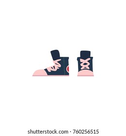 vector flat cartoon vintage retro sneakers. Grunge canvas shoe with laces. Fashionable trendy clothing. Isolated illustration on a white background.
