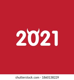 Vector flat cartoon white 2021 new year lettering with bull horns isolated on red background