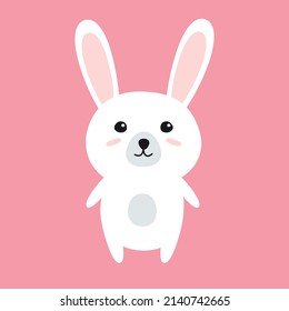 Vector flat cartoon white bunny rabbit isolated on pink background