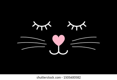 Vector flat cartoon white cat face isolated on black background