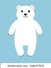 Vector flat cartoon white polar bear standing isolated on blue background