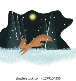 Vector flat cartoon winter illustration with running squirrel in the forest and with tree background with snow and copy space