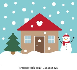 Vector flat cartoon winter landscape with house snowman and Christmas tree isolated on blue background