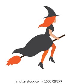 Vector flat cartoon witch flying broom isolated on white background. Halloween illustration