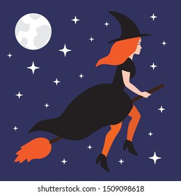 Vector flat cartoon witch flying broom isolated on blue sky background with moon and stars. Halloween illustration