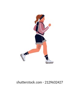 Vector flat cartoon woman character runs isolated on empty background.Stylish young athlete doing sports,running-life scene,healthy sporty lifestyle social concept,web site banner ad design