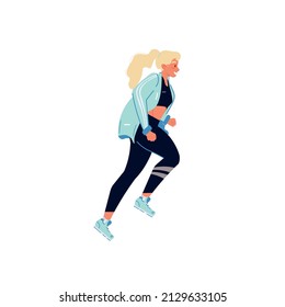 Vector flat cartoon woman character runs isolated on empty background.Stylish young athlete doing sports,running-life scene,healthy sporty lifestyle social concept,web site banner ad design