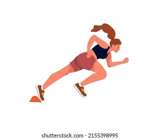 Vector flat cartoon woman character runs isolated on empty background.Stylish young athlete doing sports,running-life scene,healthy sporty lifestyle social concept,web site banner ad design