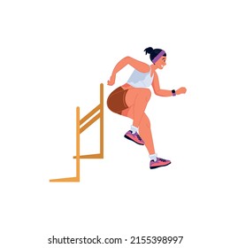 Vector flat cartoon woman character runs,jumping over barrier isolated on empty background.Young athlete doing sports,hurdling-healthy lifestyle,professional sport concept,web site banner ad design