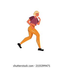 Vector flat cartoon woman character runs isolated on empty background.Stylish young athlete doing sports,running-life scene,healthy sporty lifestyle social concept,web site banner ad design