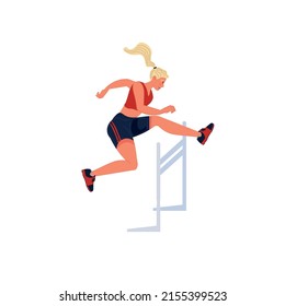 Vector flat cartoon woman character runs,jumping over barrier isolated on empty background.Young athlete doing sports,hurdling-healthy lifestyle,professional sport concept,web site banner ad design