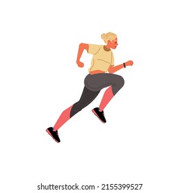 Vector flat cartoon woman character runs isolated on empty background.Stylish young athlete doing sports,running-life scene,healthy sporty lifestyle social concept,web site banner ad design