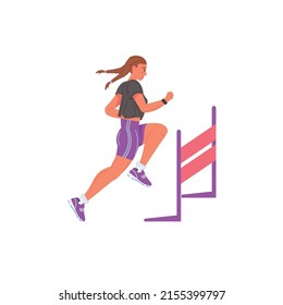 Vector flat cartoon woman character runs,jumping over barrier isolated on empty background.Young athlete doing sports,hurdling-healthy lifestyle,professional sport concept,web site banner ad design