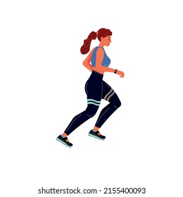 Vector flat cartoon woman character runs isolated on empty background.Stylish young athlete doing sports,running-life scene,healthy sporty lifestyle social concept,web site banner ad design