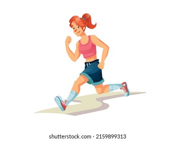 Vector flat cartoon woman character runs isolated on empty background.Stylish young athlete doing sports,running-life scene,healthy sporty lifestyle social concept,web site banner ad design