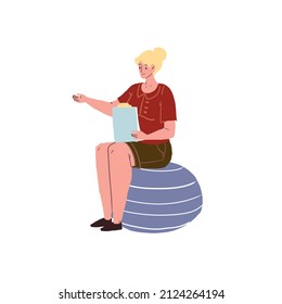 Vector flat cartoon woman character,pregnancy class trainer sitting on fitness ball,gesturing-courses for new mothers,healthy happy motherhood social concept,web site banner ad design