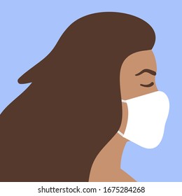 Vector flat cartoon woman girl profile head face in medical mask isolated on blue background