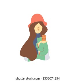 Vector Flat Cartoon A woman in a red hat holding a jar of pills in her hands is allergic to the flowering of dandelion flowers. Red face is a rash on her neck. Blue scarf in a green jacket.