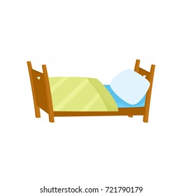 vector flat cartoon wooden bed with white pillow and yellow blanket for boys and girls. Isolated illustration on a white background. Interior design object. daily routine concept