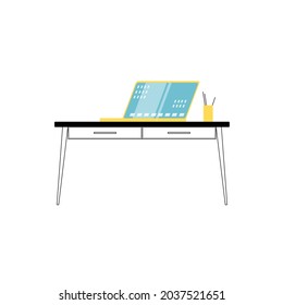 Vector flat cartoon work desk with laptop and stationery isolated on empty background-electronic equipment and office interior elements,workplace organization concept,web site banner ad design