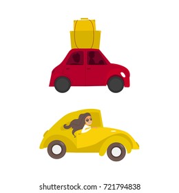 vector flat cartoon yellow car , beautiful girl in sunglasses driving, red car with bags at its roof set. Travelling by motor vehicle, road trip concept. Isolated illustration on a white background.