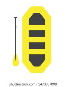 Vector flat cartoon yellow rafting boat and paddle isolated on white background