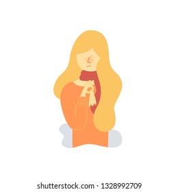 Vector Flat Cartoon A young girl suffering from seasonal allergies. A cold in her hands is holding a handkerchief. Redness on the face. Woman in a red scarf in an orange jacket.