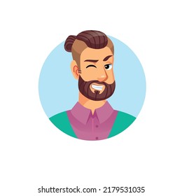 Vector flat cartoon young hipster man character head avatar,male face with sly expression emotion winking on empty background-fashion lifestyle,social media concept,web site banner ad design