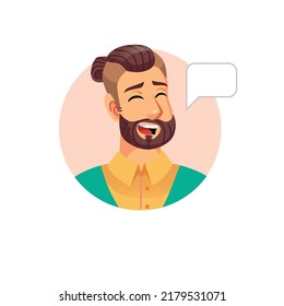 Vector flat cartoon young hipster man character head avatar,male face with closed eyes happily talking on empty background-fashion lifestyle,social media concept,web site banner ad design