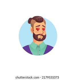 Caricatura vectorial plana joven hipster hombre personaje de cabeza avatar, cara masculina con amorosa expresión emoción sobre un estilo de vida de moda de fondo vacío, concepto de medios sociales, banner y diseño de sitios web