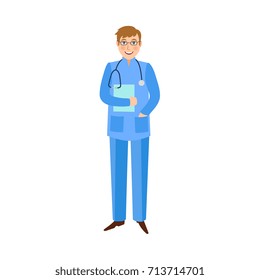 vector flat cartoon young male doctor, physician in glasses, blue medical clothing holding clipboard and sthetoscope smiling. Isolated illustration on a white background.