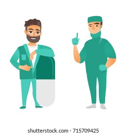 vector flat cartoon young male doctor, physician in green medical clothing leaning at big huge pill smiling, surgeon in uniform set. Isolated illustration on a white background.