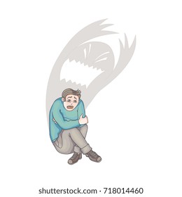 vector flat cartoon young man suffering from depression, fear. Stressed male character sitting holding knees, monster shadow behind. Isolated illustration on a white background. Mental illness concept