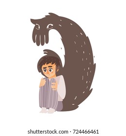 vector flat cartoon young man suffering from depression, fear. Stressed male character sitting holding knees, monster shadow behind. Isolated illustration on a white background. Mental illness concept