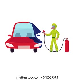 vector flat cartoon young man, boy mechanic in green protecting workwear painting red sedan car into blue with spray. Male portrait caucasian character isolated, illustration on a white background