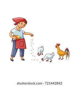 vector flat cartoon young teen girl feeding domestic birds - chickens and rooster. Children at farm concept. Isolated illustration on a white background.