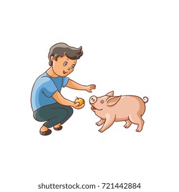 vector flat cartoon young teen boy feeding domestic animal - small piglet. Children at farm concept. Isolated illustration on a white background.