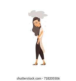 vector flat cartoon young woman suffering from depression. Unhappy female character with rainy clouds above her. Isolated illustration on a white background. Mental illness concept