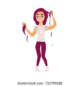 vector flat cartoon young woman suffering from hair loss problem. Stressed depressed female character plucking her pink hair out. Isolated illustration on a white background. Mental illness concept