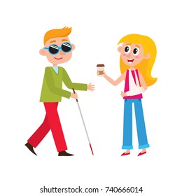 vector flat cartooneen disabled blind boy character in dark sunglasses holding walking stick or cane is given cup of coffee by girl with broken arm. Isolated illustration on a white background.