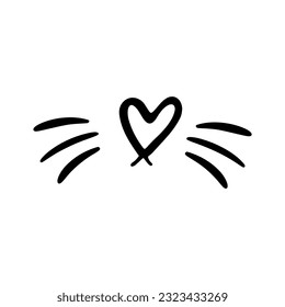 Vector flat cat nose isolated on white background. Cat's face with whiskers and heart-shaped nose.  Cute cat head. Outline cat's head graphic icon. Pet. Muzzle of an animal. 