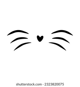 Vector flat cat nose isolated on white background. Cat's face with whiskers and  heart-shaped nose.  Cute cat head. Outline cat's head graphic icon. Pet. Muzzle of an animal. 