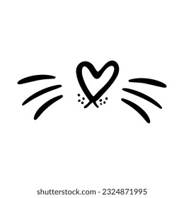 Nariz de gato plana vectorial aislada sobre fondo blanco. Cara de gato con bigotes y nariz con forma de corazón.  Cabeza de gato. Icono gráfico de la cabeza del gato de esquema. Mascota. Rompecabezas de un animal. 