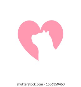 Vector flat cat silhouette in pink heart logo isolated on white background
